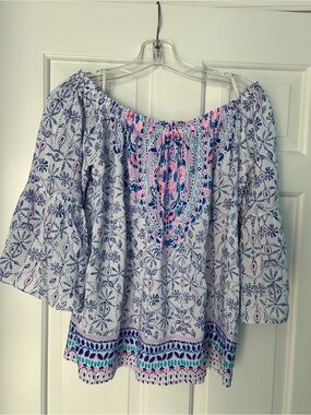Lilly Pulitzer White Off-Shoulder Top with Pink and Navy Floral Print